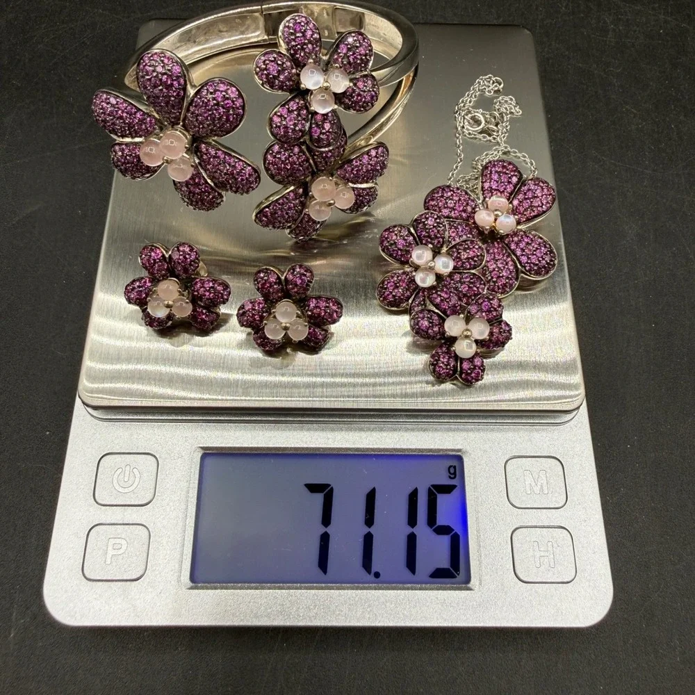 Moonstone Flower‎ Purple Sterling Silver Set Pendant Earrings Bracelet Garnet